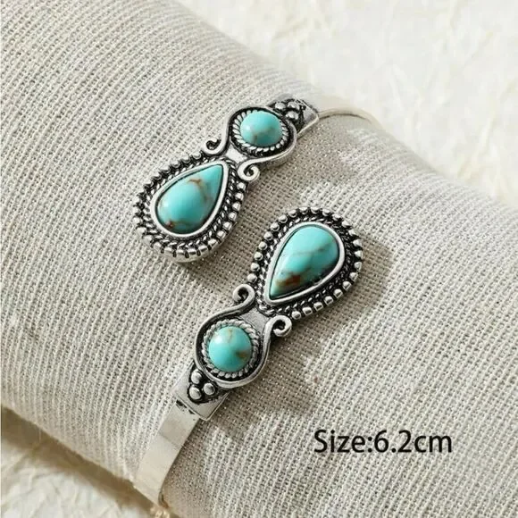 Western Fake Turquoise Stone Antique Cuff Bangle Bracelet - Picture 2 of 9